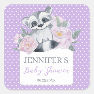 Cute Woodland Racoon Purple Polkadot Baby Shower Square Sticker