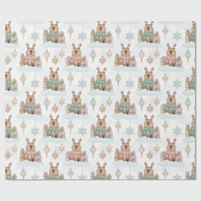 Cute Woodland Reindeer Capybara Christmas  Wrapping Paper (Flat)