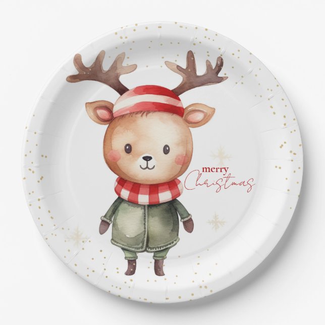 Cute Woodland Reindeer Christmas Elf  Paper Plate (Front)