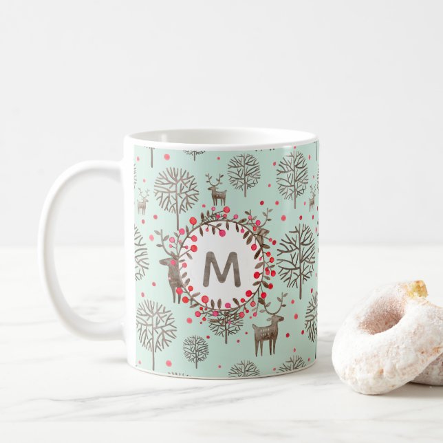 Cute Woodland Reindeer & Watercolor Monogram Green Coffee Mug (With Donut)