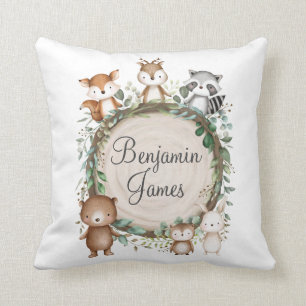 Cute Woodland Rustic Greenery Animals Birth Stats Cushion