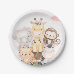 Cute Woodland Safari Animals Girl Baby Shower  Paper Plate