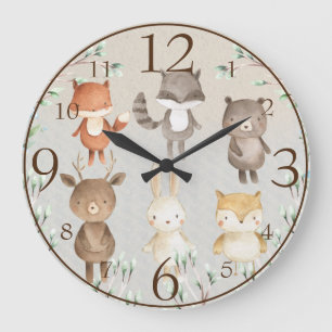 Cute Woodland Scene Watercolor Forest Animals Large Clock