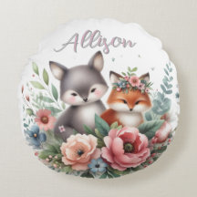 Cute Woodland Silver and Red Fox Round Pillow