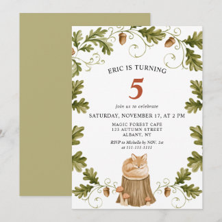 Cute Woodland Sleeping Fox Oak Leaf Kids Birthday Invitation