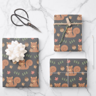 Cute Woodland Squirrel Acorn Autumn Leaves Pattern Wrapping Paper Sheet
