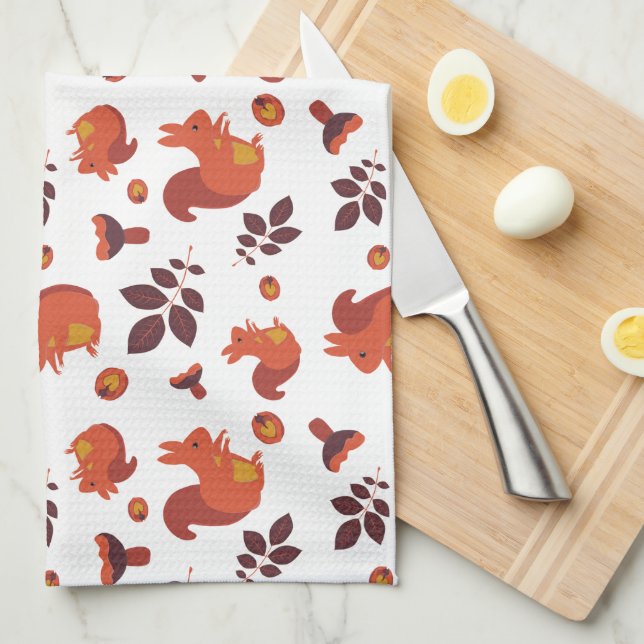 Cute Woodland Squirrel Autumn Pattern Tea Towel (Quarter Fold)