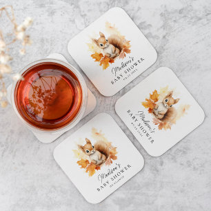 Cute Woodland Squirrel Fall Baby Shower Square Paper Coaster