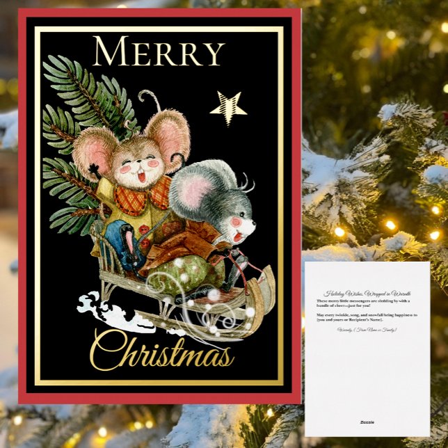 Cute Woodland Storybook Sledding Mice Christmas Foil Holiday Card (Creator Uploaded)