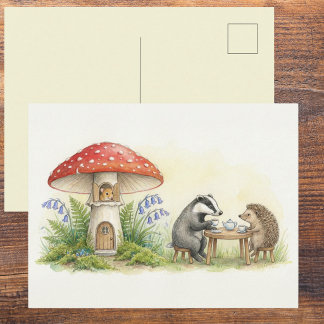 Cute Woodland Tea Party Watercolor Blank Postcard