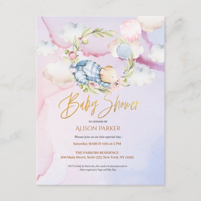 Cute Woodland Teddy Bear Boy Baby Shower Invitatio Postcard (Front)