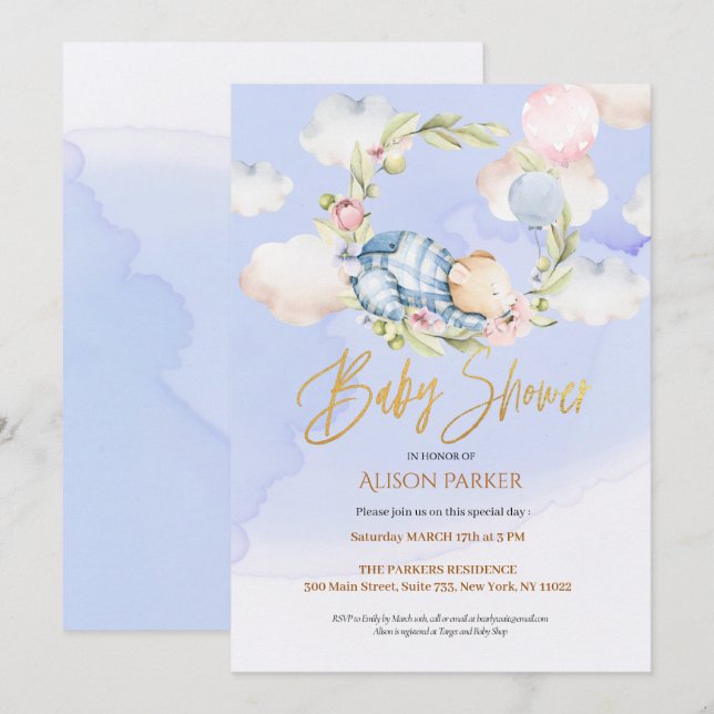 Cute Woodland Teddy Bear Boy Baby Shower Invitation (Front/Back)