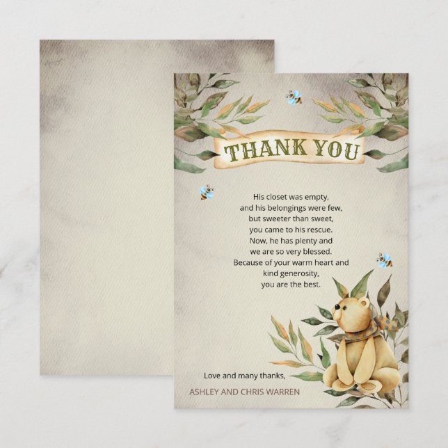 Cute Woodland Teddy Bear Boy Baby Shower  Thank You Card (Front/Back)