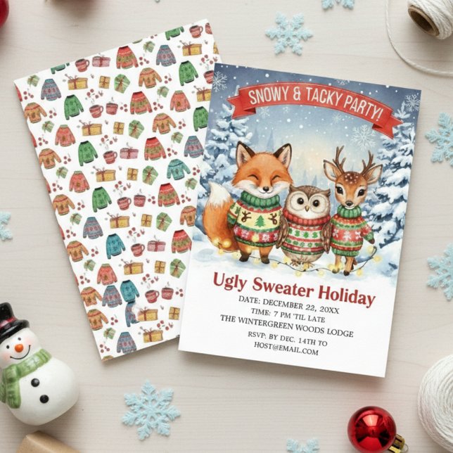 Cute Woodland Ugly Sweater Holiday Watercolor  Invitation (Creator Uploaded)