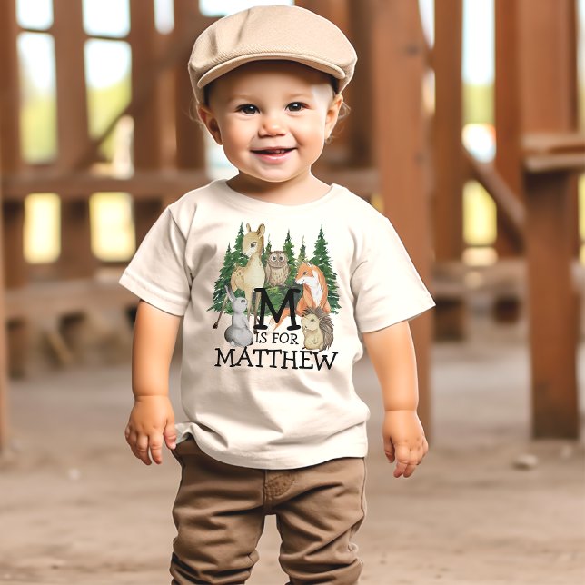 Cute Woodland Watercolor Kids Animals Letter Name T-Shirt (Creator Uploaded)