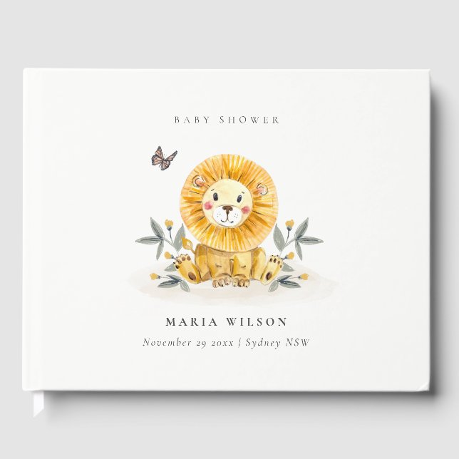 Cute Woodland Watercolor Lion Foliage Baby Shower Guest Book (Front)