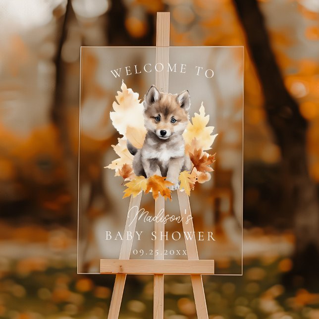 Cute Woodland Wolf Fall Baby Shower Welcome Acrylic Sign (Creator Uploaded)