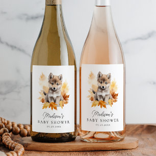 Cute Woodland Wolf Fall Baby Shower Wine Label