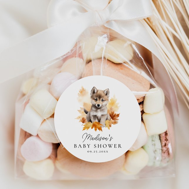 Cute Woodland Wolf Pup Fall Baby Shower Classic Round Sticker (Creator Uploaded)