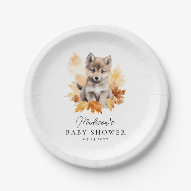 Cute Woodland Wolf Pup Fall Baby Shower Paper Plate (Front)