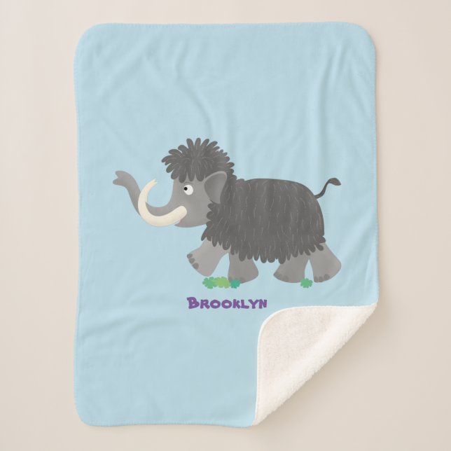 Cute woolly mammoth cartoon illustration sherpa blanket (Front)