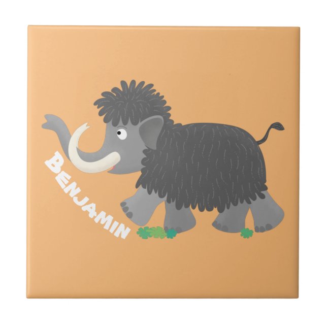 Cute woolly mammoth cartoon illustration tile (Front)