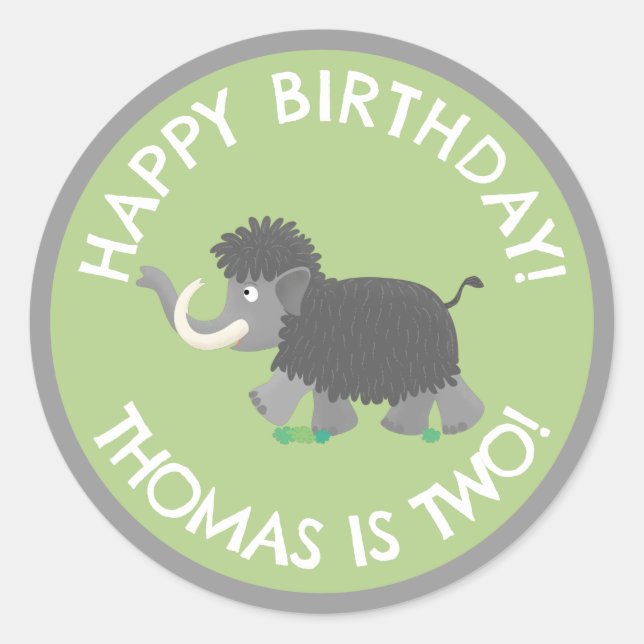 Cute woolly mammoth personalised cartoon birthday classic round sticker (Front)