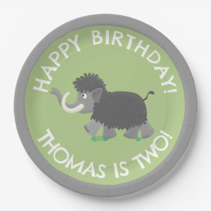 Cute woolly mammoth personalised cartoon birthday paper plate