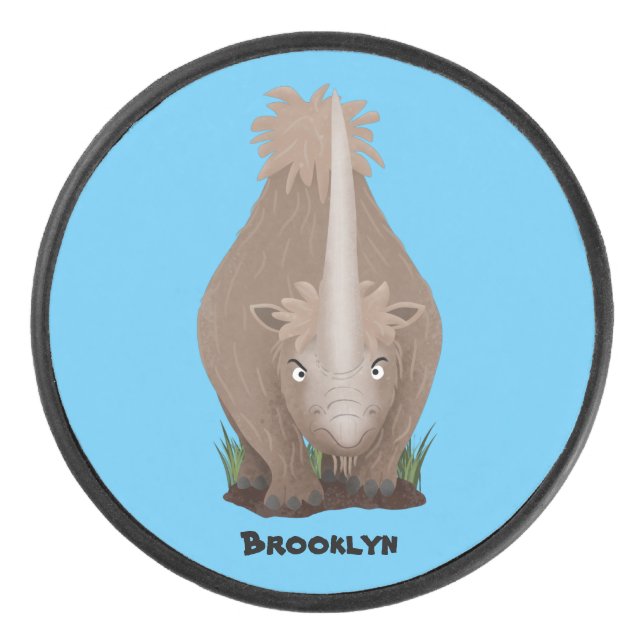 Cute woolly rhino elasmotherium cartoon hockey puck (Front)