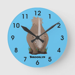 Cute woolly rhino elasmotherium cartoon round clock