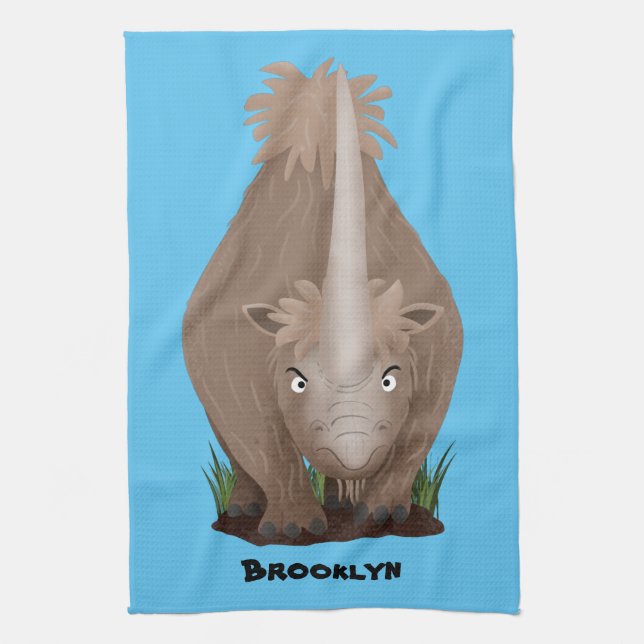 Cute woolly rhino elasmotherium cartoon  tea towel (Vertical)