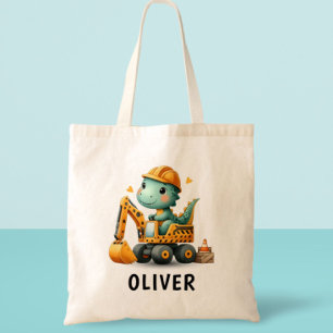 Cute Worker Dinosaur on an Excavator Tote Bag
