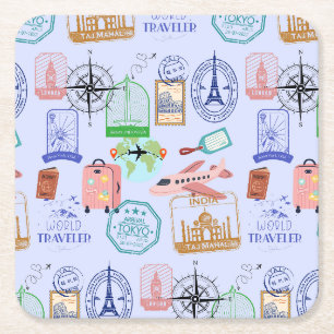 Cute World Traveller Collage Square Paper Coaster