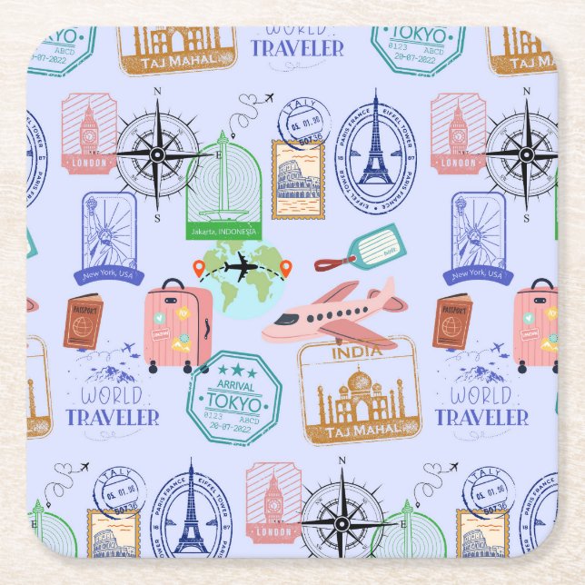 Cute World Traveller Collage Square Paper Coaster (Front)