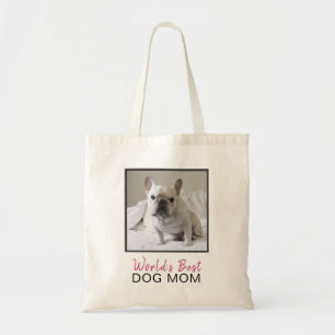 Cute World's Best Dog Mum Pink Grey Square Photo Tote Bag