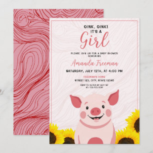 Cute Worm Pink Sunflowers Pig Girl Baby Shower Invitation