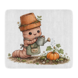 Cute Worm Watering Pumpkin Fall Garden Mat Cutting Board