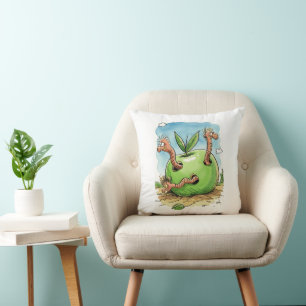 Cute Worms in Green Apple Throw Pillow