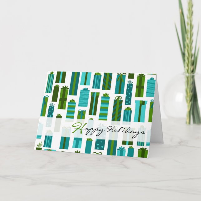 Cute Wrapped Presents Happy Holidays - Green Blue Holiday Card (Front)