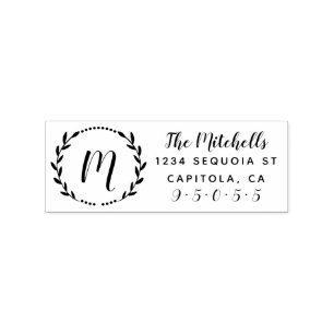 Cute Wreath Monogram Family Name Return Address Rubber Stamp