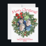 Cute Wreath Photo Frame Merry Christmas Flat Holiday Card<br><div class="desc">Send holiday cheer with this adorable and fun Christmas greeting card. The card features an evergreen wreath photo frame where you can upload a photo of your choice. The title reads "Merry Christmas" in a cute whimsical font. The back of the card is red with a white snowflake pattern. Sweet...</div>