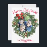 Cute Wreath Photo Frame Merry Christmas Flat Holiday Card<br><div class="desc">Send holiday cheer with this adorable and fun Christmas greeting card. The card features an evergreen wreath photo frame where you can upload a photo of your choice. The title reads "Merry Christmas" in a cute whimsical font. The back of the card is red with a white snowflake pattern. Sweet...</div>