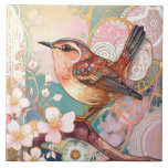 Cute Wren Bird Art Nouveau Deco Inspo Floral Tile<br><div class="desc">"brown orange bird art",  "pastel perched on branch",  "pink flower spring blossoms",  "floral flowers cherry blossom",  "feminine colourful multicolor sakura",  "contemporary gustav klimt inspired",  "Japanese art deco nouveau",  "pretty modern beautiful Chinese",  "arty botanical asian oriental",  "girly mint blue cute wildlife"</div>