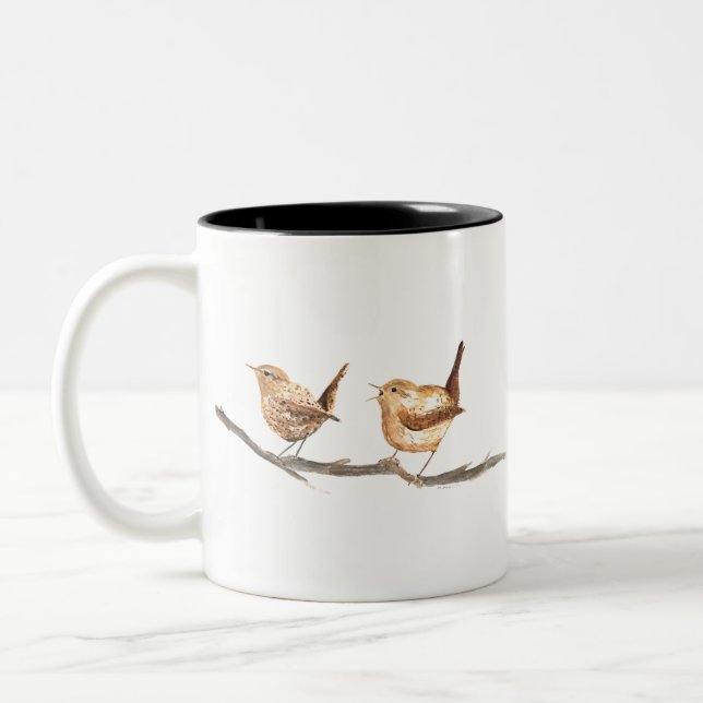 Cute wrens birds nursery watercolor Two-Tone coffee mug (Left)