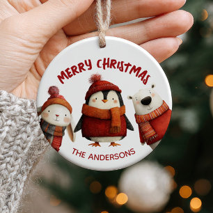 Cute Xmas Animals Merry Christmas Family Name Ceramic Tree Decoration
