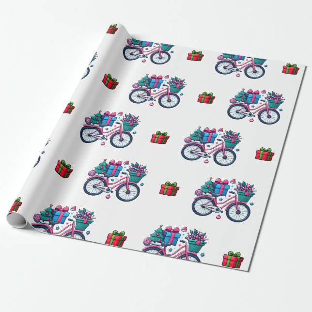 Cute Xmas Bicycles Holiday Pink Blue Gift Wrapping Paper (Unrolled)