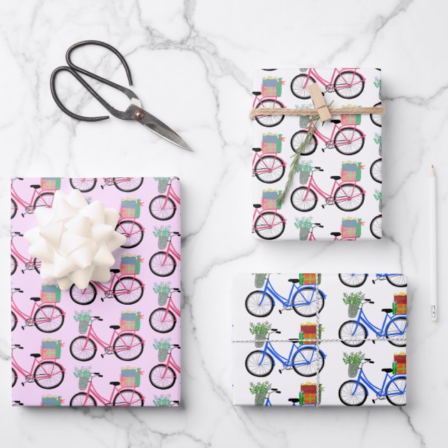 Cute Xmas Bicycles Holiday Pink Blue Gift  Wrapping Paper Sheet (Front)
