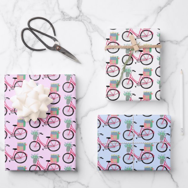 Cute Xmas Bicycles Holiday Pink Blue Gift   Wrapping Paper Sheet (Front)