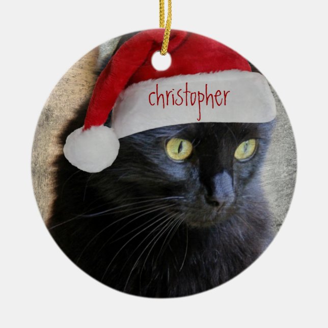 Cute Xmas Cat, black back, personalised name/year Ceramic Tree Decoration (Front)