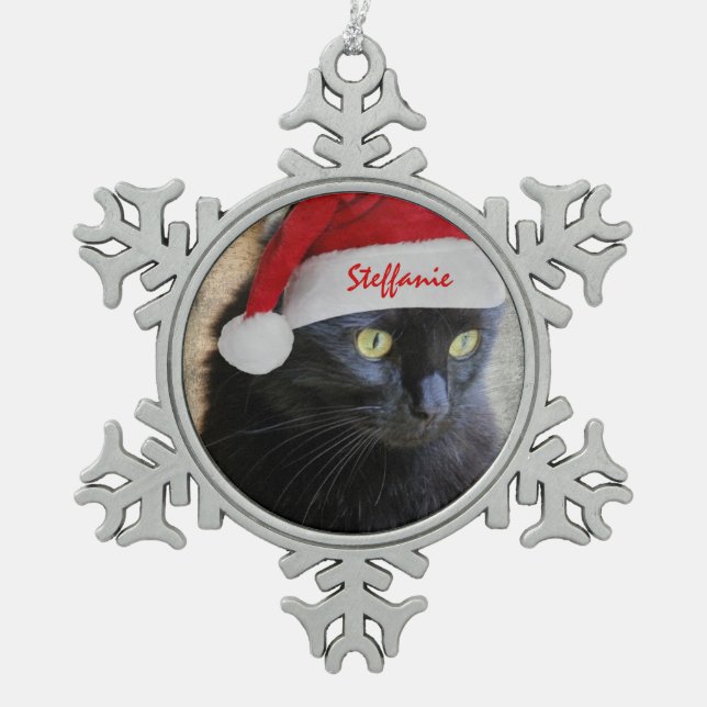 Cute Xmas Cat w/ Santa Hat, Customised Name Snowflake Pewter Christmas Ornament (Front)